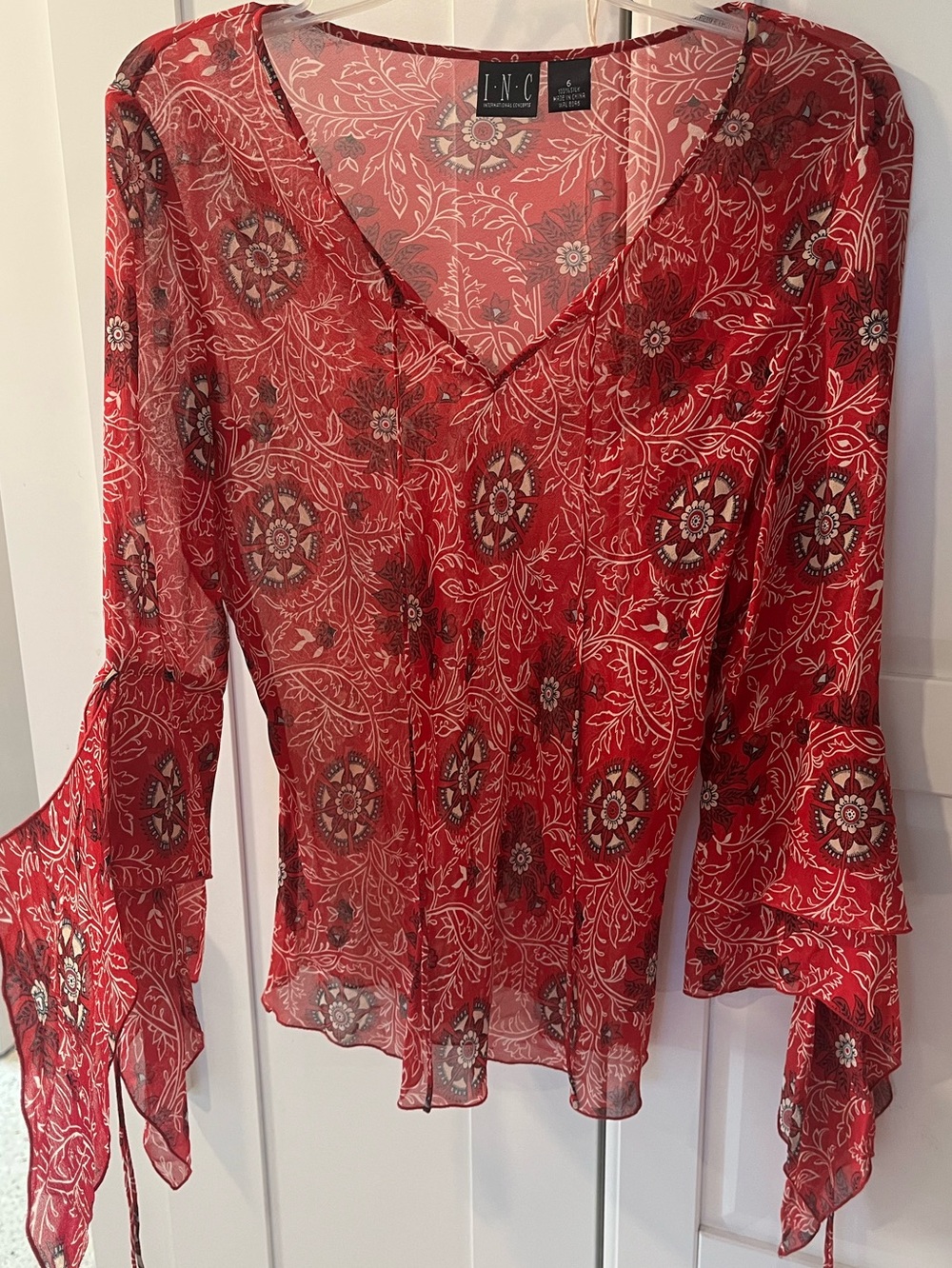 INC International Concepts Red Paisley V-Neck Sheer Blouse